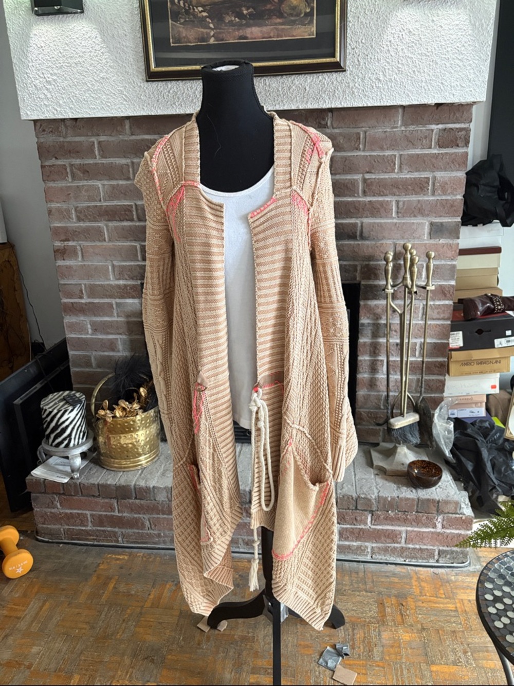 Free People Beige Knit Open Cardigan with Pink Accent Stitching